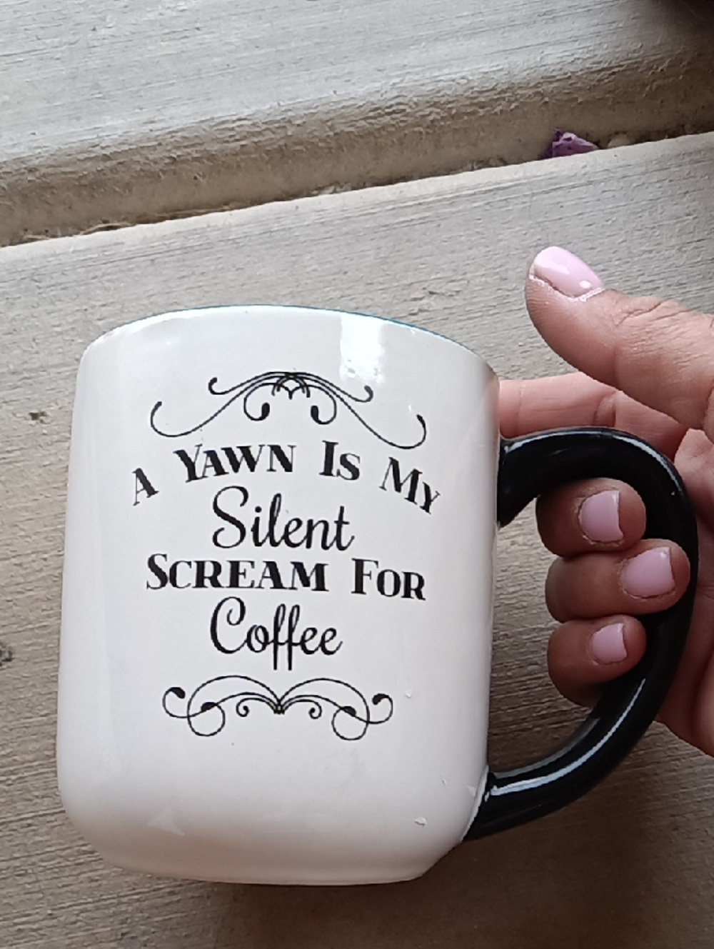 Cream and Black Ceramic Coffee Mug with Humorous Quote